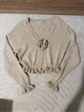 Tularosa Beige Ruffled Knit Cardigan with Floral Accent